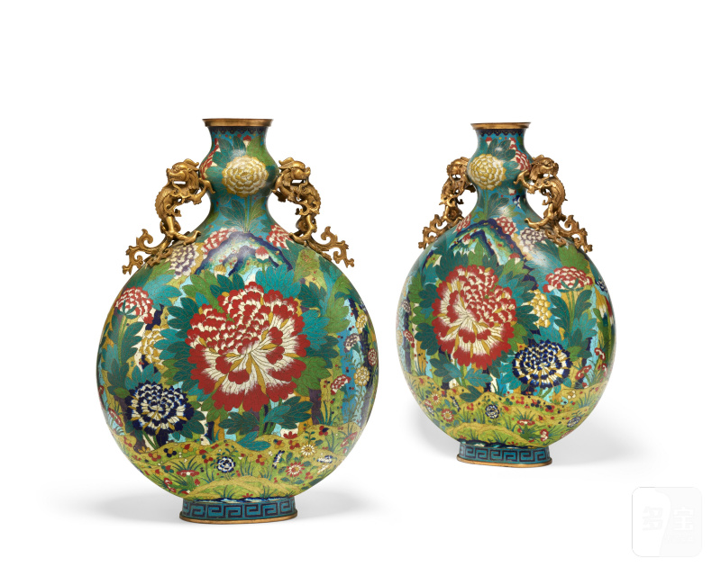 清十九世紀 掐絲琺琅雙龍耳牡丹龍鳳紋抱月瓶 一對  CHINA, QING DYNASTY, 19TH CENTURY - 图3